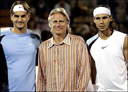Bjorn Borg with Roger Federer and Rafael Nadal at the 2007 French Open.