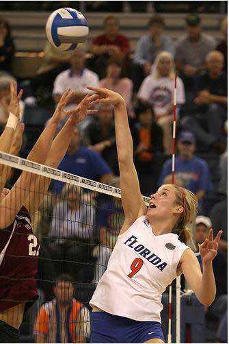 Florida Gators Angie McGinnis hits the ball at the net