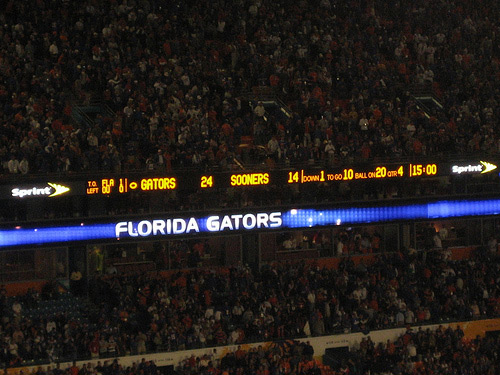 picture of scoreboard at the Orange Bowl showing final score of 2009 College Football National Championship game