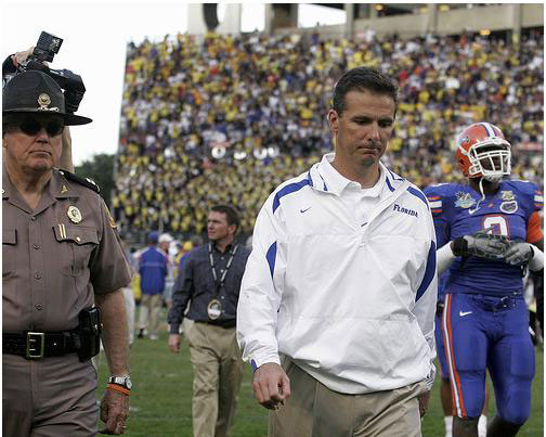 Urban Meyer walks off the field after loss to Michigan in 2008 Capital One Bowl.